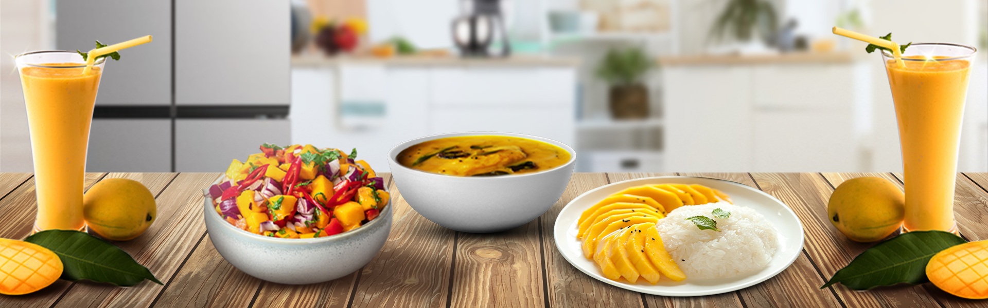 Different Mango recipes kept on the kitchen countertop